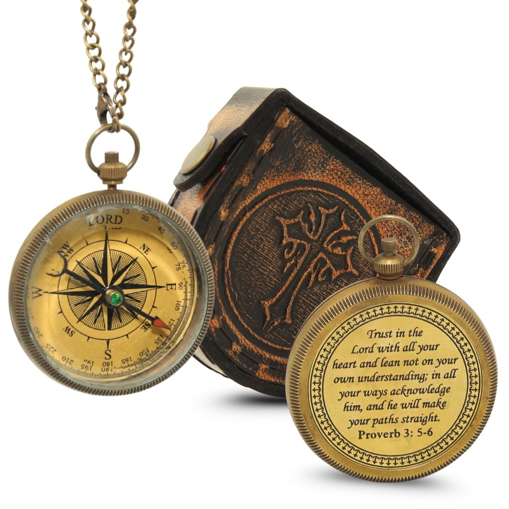 Antique Brass Compass with Leather Case ”Trust in The Lord” – Birthday Wedd…