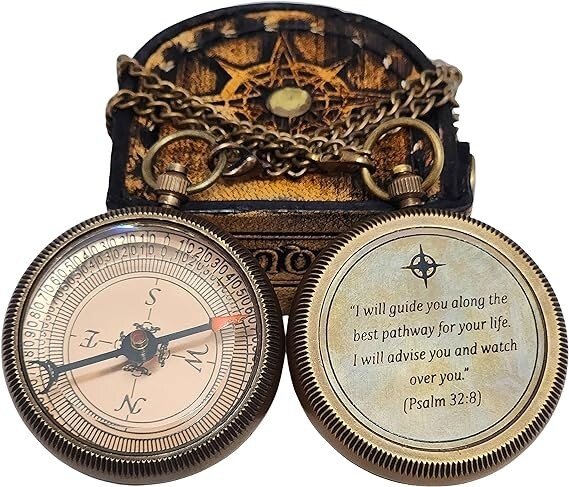 I Will Guide You Engraved Compass with Authentic Leather Case Brass Compass Dire