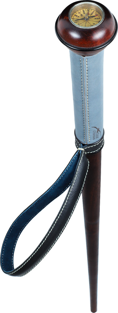 Compass Cane Mahogany Wooden Walking Stick w/ Blue Leather Handle & Wrist Loop