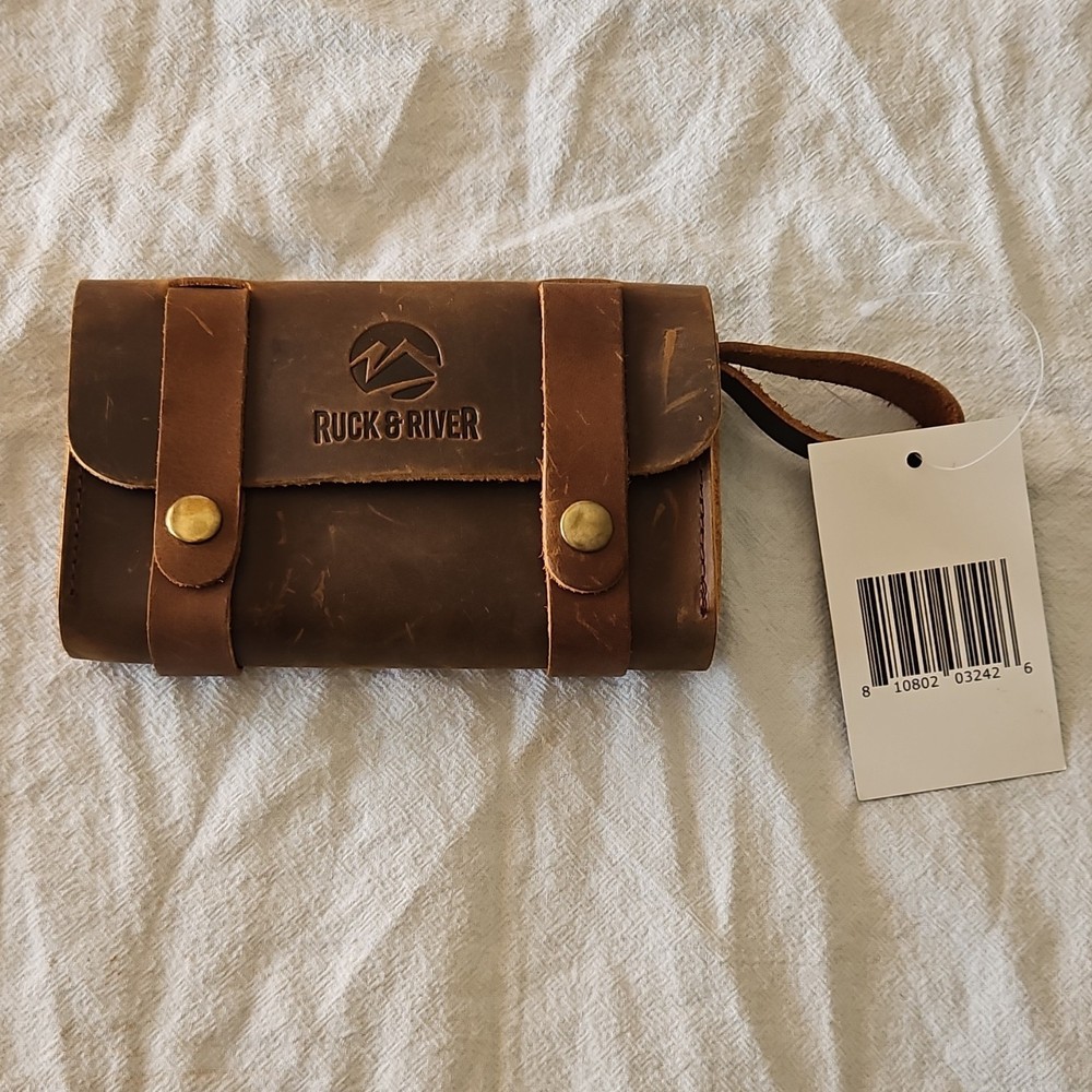 Ruck & River Leather Hiking Gear Pouch with 6 Glass Cork Bottles