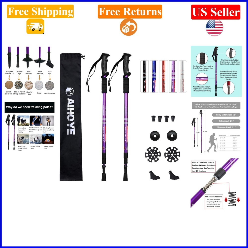 Purple Adjustable Aluminum Hiking Trekking Poles, 2 Pack, Lightweight, Anti-S…