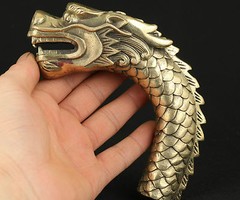 ASIAN CHINESE OLD COPPER HAND CARVED FEROCITY DRAGON STATUE WALKING STICK HEAD