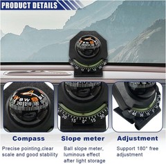 Car Compass, Car Dashboard Compass Ball with Slope Meter, Adjustable Night Visio