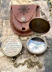 Be Strong & Courageous Brass Compass Joshua 19 Quote Birthday Baptism Set