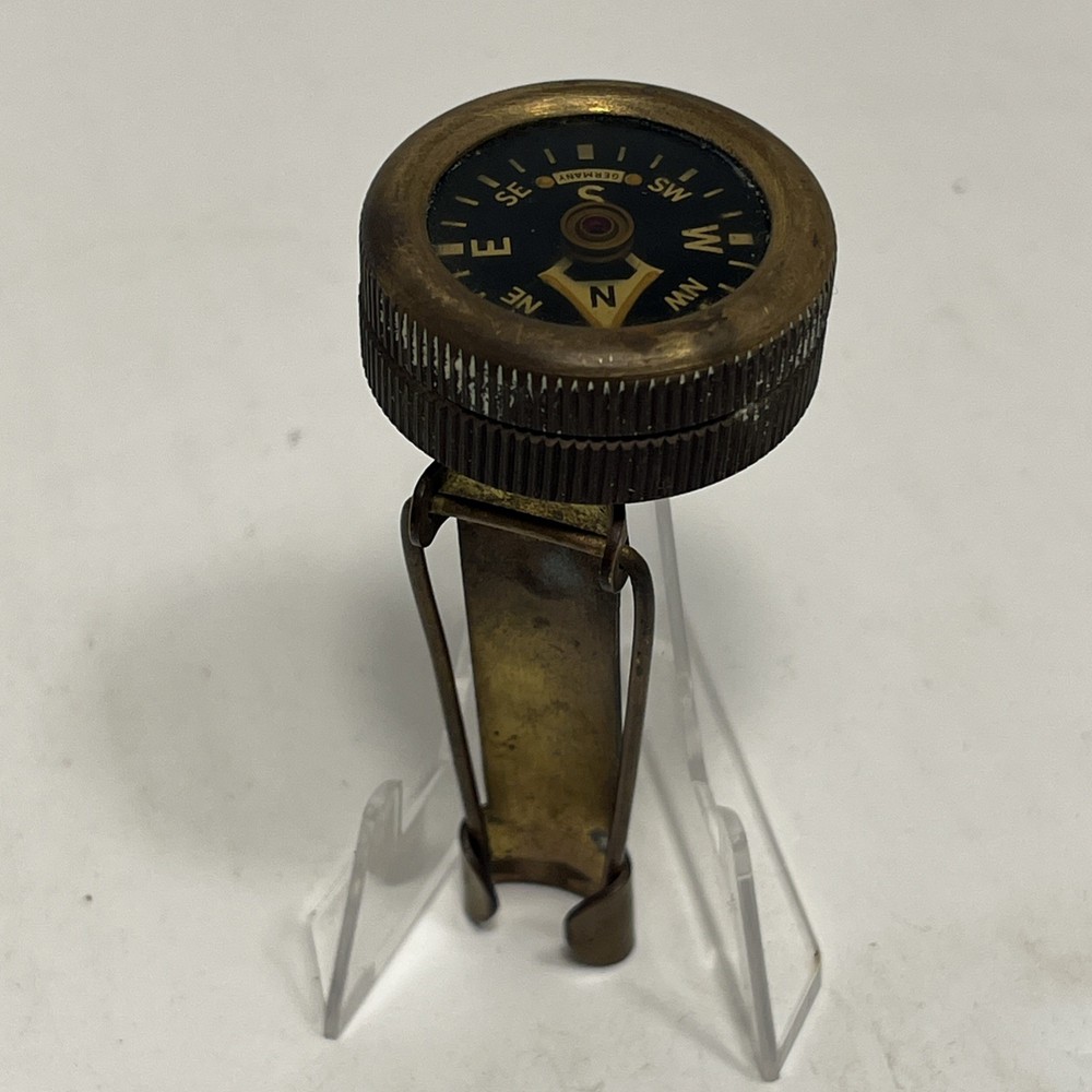 Vintage German Brass Pin to Coat Hunting Compass w/ Engraved Stag & Oak Leaves