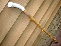 handcrafted WALKING/HIKING STICK spiky apple w/leather Deer Antler Burr Handle