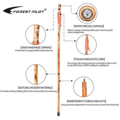 3 Pieces Detachable Fir Wood Walking Stick Wolf Carving with a Compass(Nature…