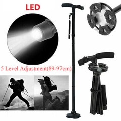 Folding LED Walking Stick Cane All-Terrain Pivoting Base Adjustable Black