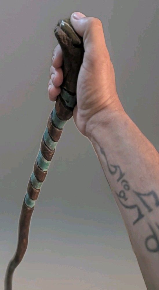 ​Custom Hand Carved Oak Cane Walking Stick Teal Spiral Petrified Wood Inlay 45″