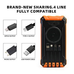 36000mAh Güneş Enerjili Powerbank Kablosuz Şarj 4 Kablo LED Fener Outdoor
