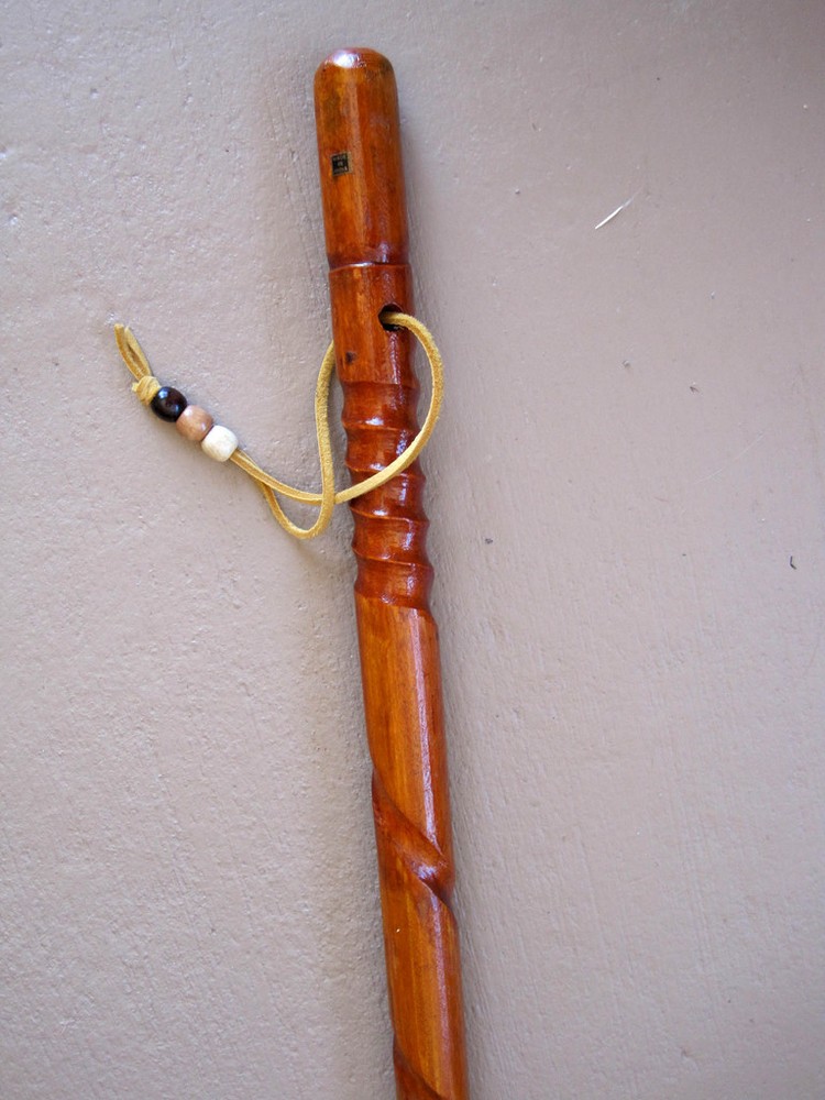 Hand Carved Wood walking stick beaded leather strap 53 – 54 inches