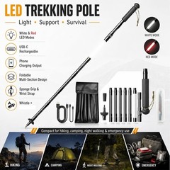 LED Trekking Pole USB-C Rechargeable with White Red Light 6-in-1 Tool