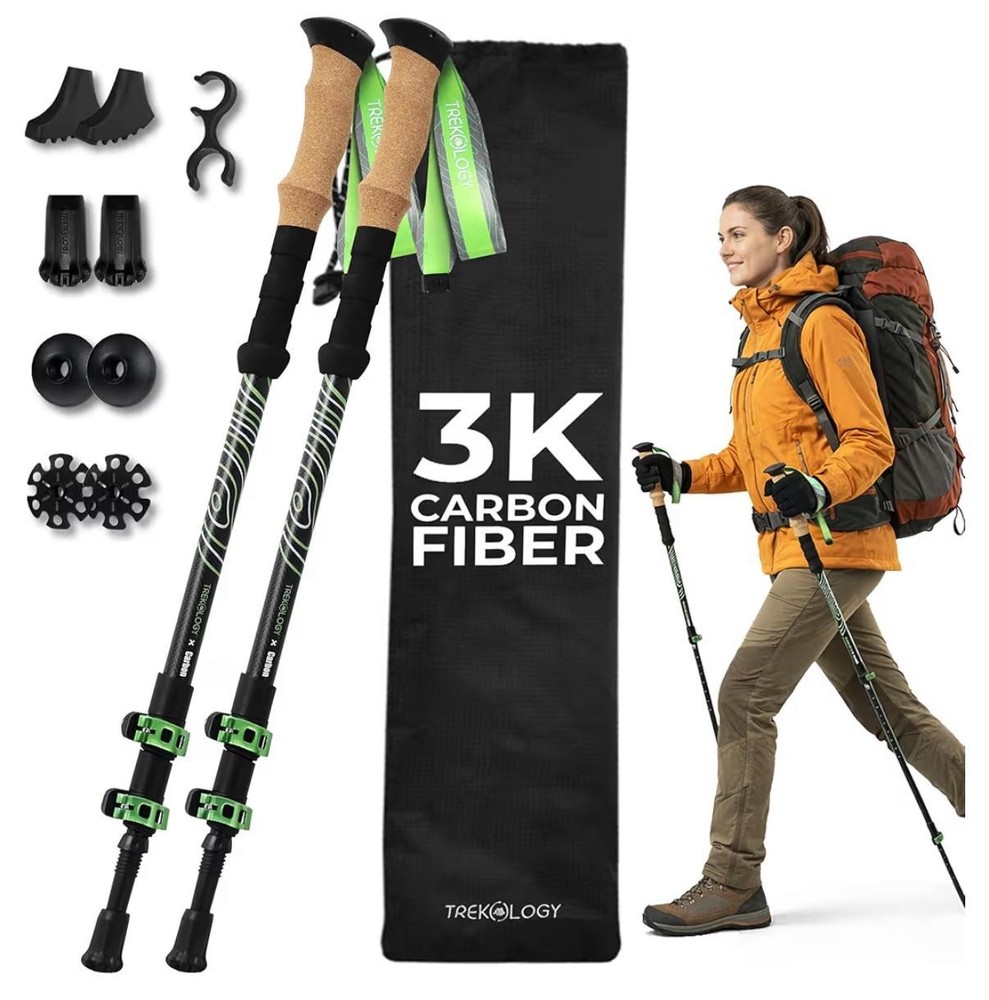 TREKOLOGY 3K Carbon Fiber Trekking Poles (210g) & 10pc Accessory Kit (US)