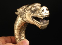 ASIAN CHINESE OLD COPPER HAND CARVED FEROCITY DRAGON STATUE WALKING STICK HEAD