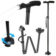 Folding LED Walking Stick Cane All-Terrain Pivoting Base Adjustable Black
