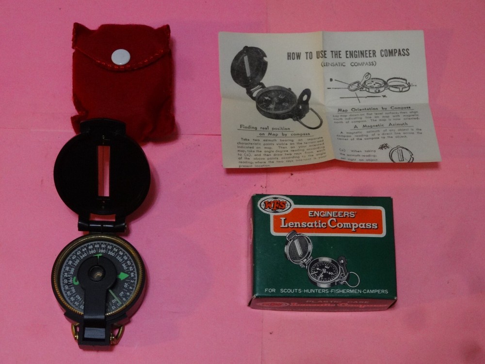 Vintage WSF Lensatic Engineer Compass #111 w/ Felt Pouch, Instructions & Box