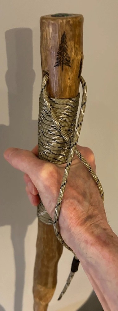 Cedar hiking stick, carved John Muir quote, compass top, paracord grip, pines