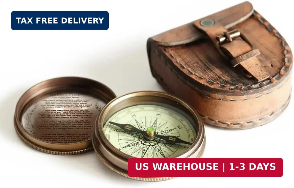 Wind & Weather Antiqued Brass Poem Compass with Leather Case