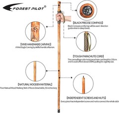 3pc Detachable Fir Wood Walking Stick for Hiking with Compass 55 Inches – with A