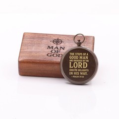 Brass Pocket Compass Rosewood Box Psalm 18:32 Engraved Christian Gift Travel