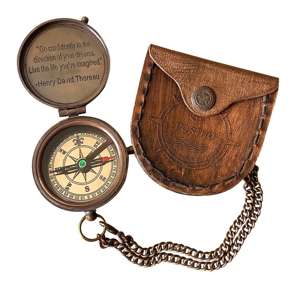 Antique Brass Flat compass with Leather Case engraved box Hiking camping Gift