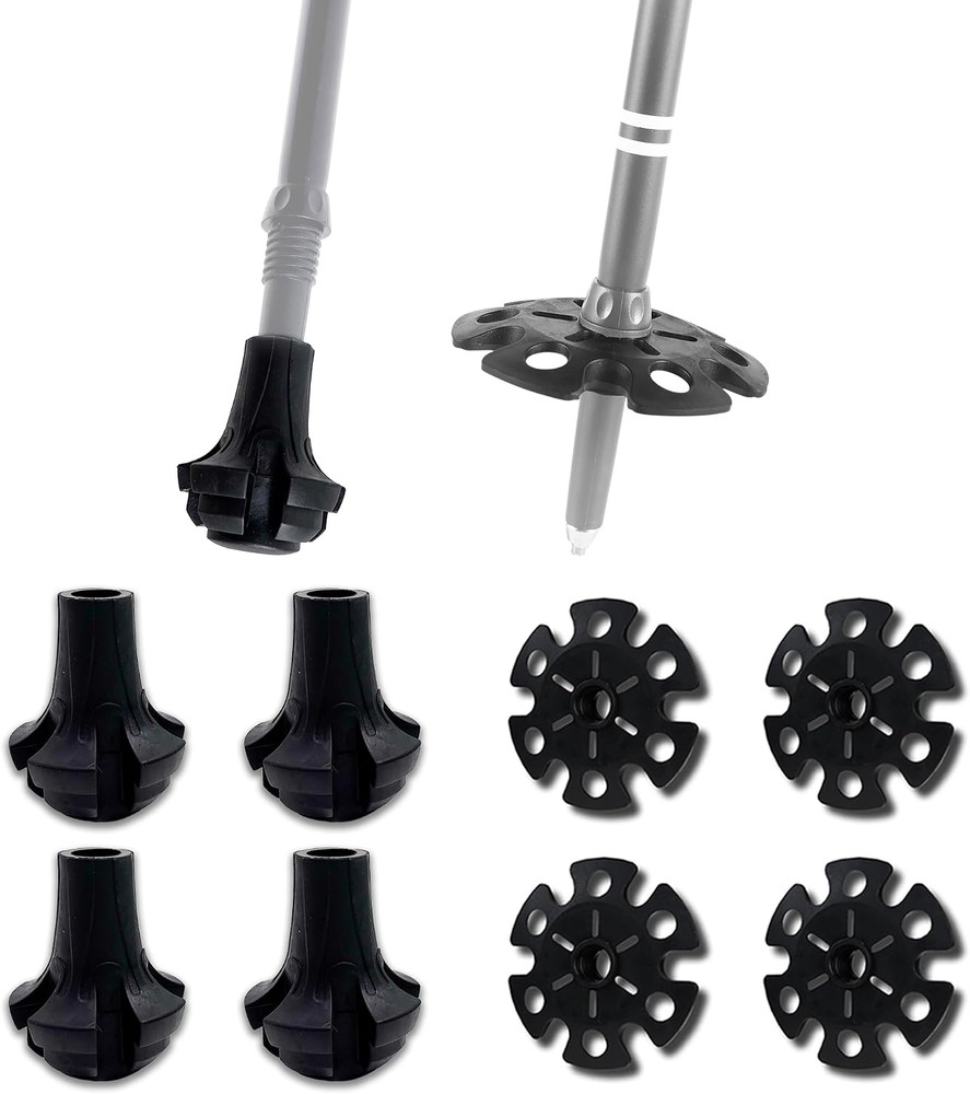 Trekking Pole Tips and Snow Baskets Kit (8-Piece Set) – 4 Heavy Duty 10Mm Rubber