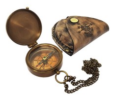 Brass Compass Nautical Pocket Backpacking Compass Leather Case Vintage Campin…