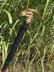 Brass Dragon Head Walking Cane With Genuine Black Leather Wrapped Hand Grip