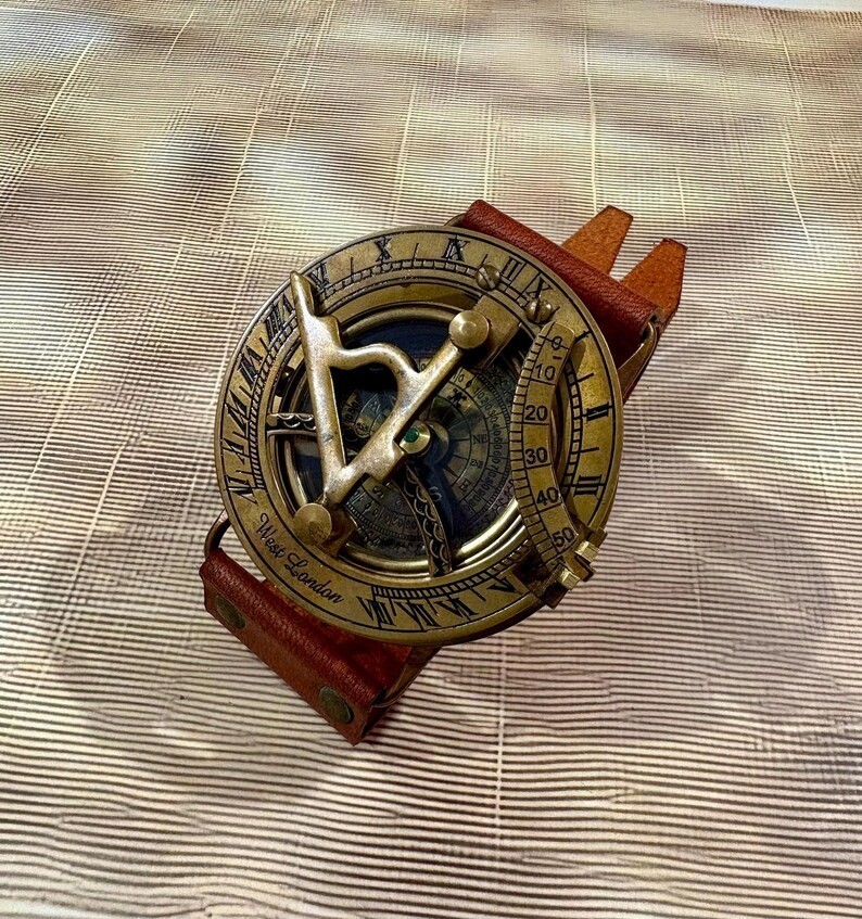 Sundial Compass Watch with Leather Strap – Brass Working Compass Travel Gift