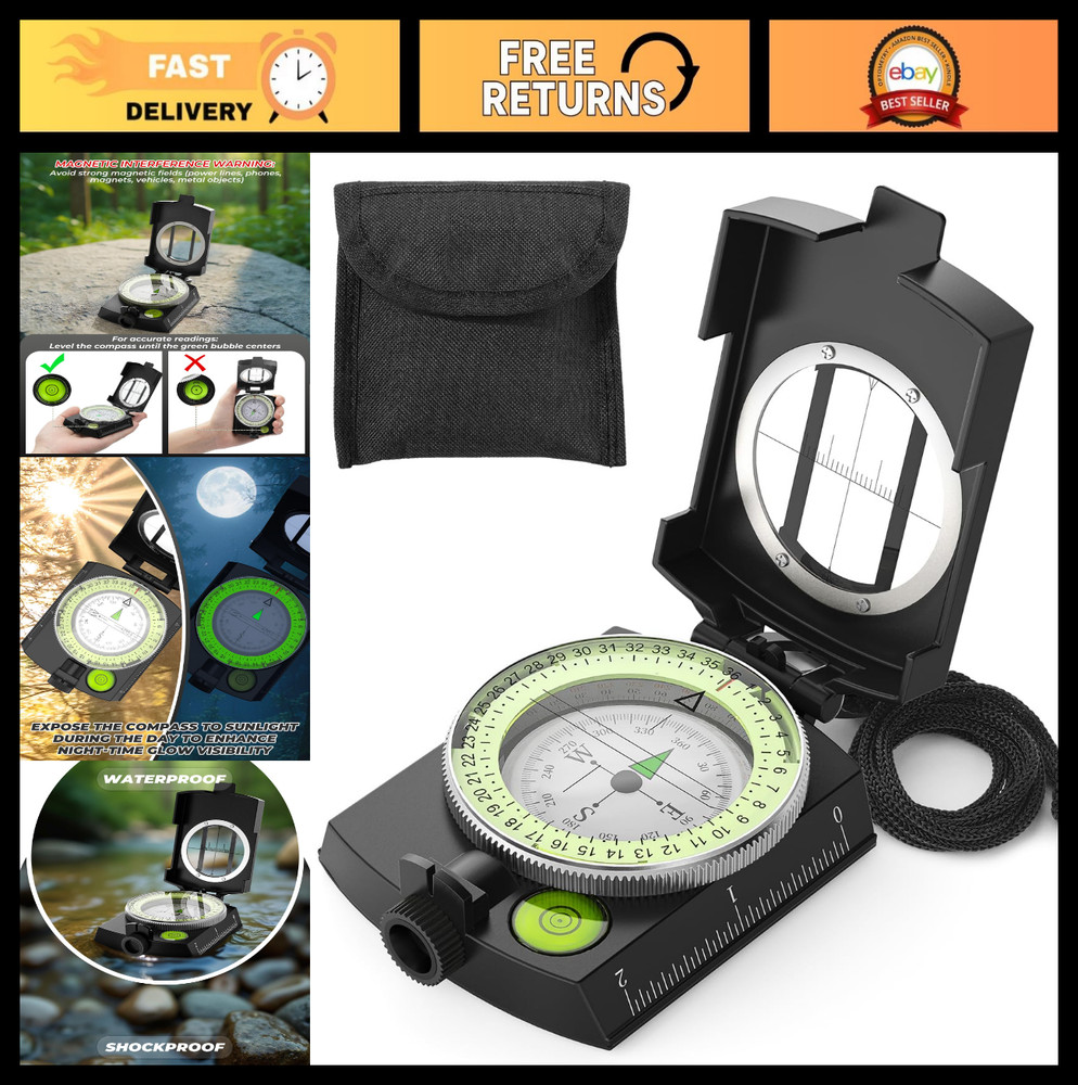 Accurate Lightweight Orienteering Compass with Strap & Case, Glow in Dark, Water