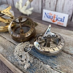 Brass Compass – Sundial, Push Button w/ Lid – Antique, Gold, Silver – Necklace