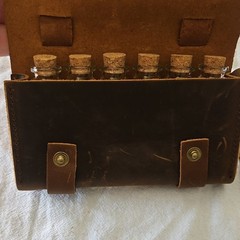 Ruck & River Leather Hiking Gear Pouch with 6 Glass Cork Bottles