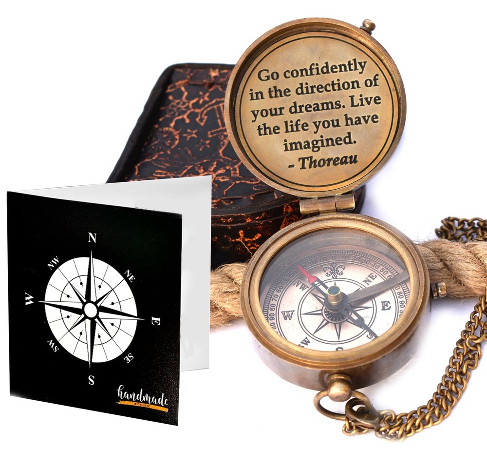 Thoreau’s Go Confidently Quote Engraved Leather Case – Brass Compass for Boat…