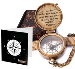 Solid Brass Thoreau’s Go Confidently Quote Engraved Compass with Wooden Box,