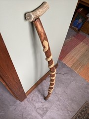 Hand-Carved 37”Wooden Walking Stick Cane W/Snake Design Antler Handle
