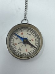 Vtg Japan Miniature Pocket Compass Watch Chain T-Bar Clasp Silver Metal
