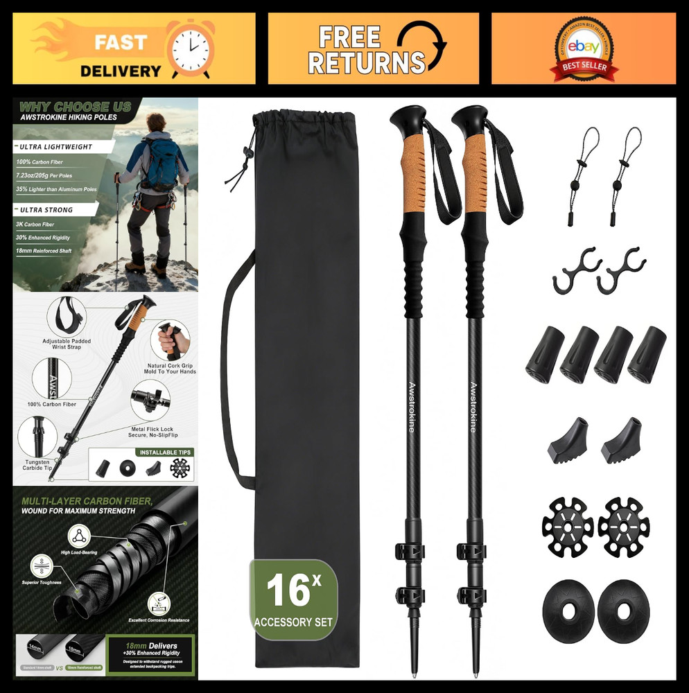 Ultra Strong Carbon Fiber Hiking Poles – Lightweight Trekking Sticks with Cork G