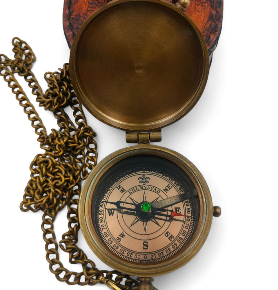 Brass Pocket Compass Antique Nautical Replica Leather Case 45mm