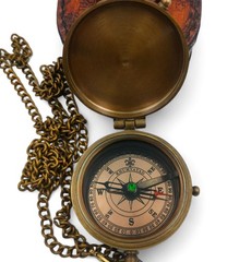 Brass Pocket Compass Antique Nautical Replica Leather Case 45mm