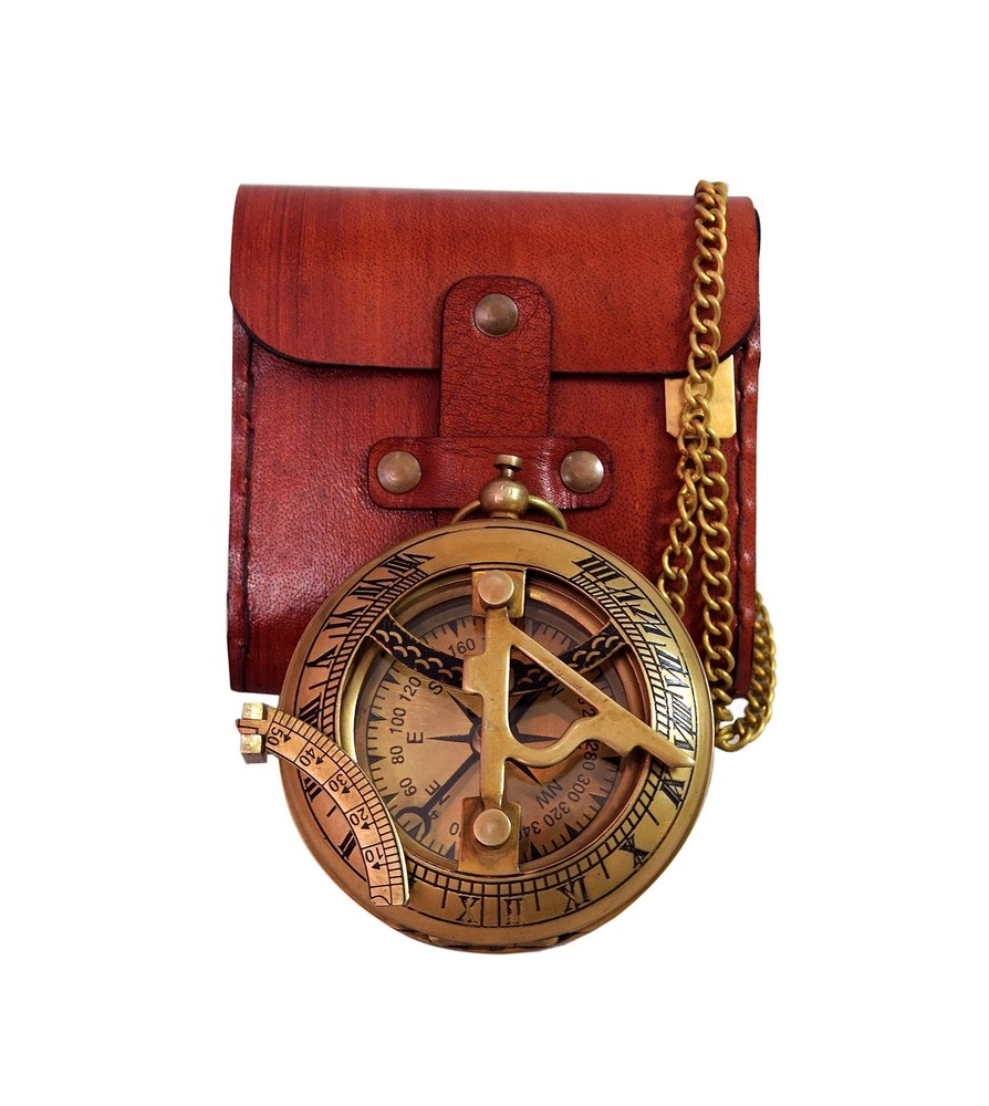 Vintage Brass Sundial Compass with Leather Case – Antique Nautical Navigation…