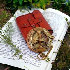 Vintage Brass Sundial Compass with Leather Case – Antique Nautical Navigation…