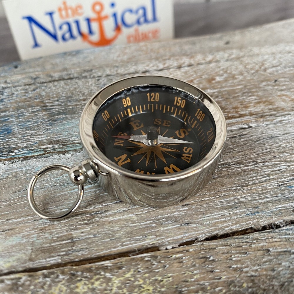 Silver Finish Brass Pocket Compass – Small Nautical Necklace Pendant – Keychain