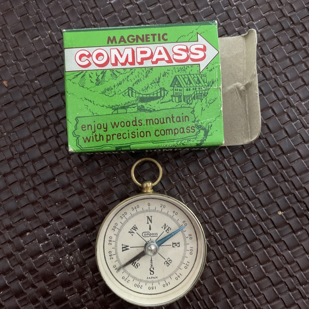 Vintage Precise Magnetic Pocket Compass Japanese Made In Box! Brass Case!