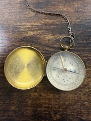 Vintage Antique Brass Pocket Compass Made In France Military Style W/CHAIN Works