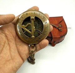 Brass Compass Sundial Engraved Compass With Leather Case Brass Compas With Chain