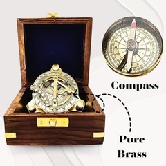 Brass Golden Sun-Clock Compass with Wooden Box Vintage Nautical Sundial Compass