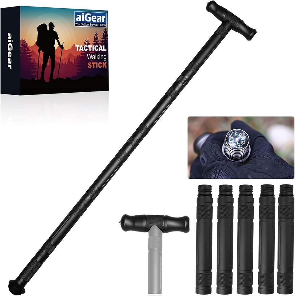 CNC Machined Aluminum Walking Hiking Stick with Whistle and Compass 2 Pack