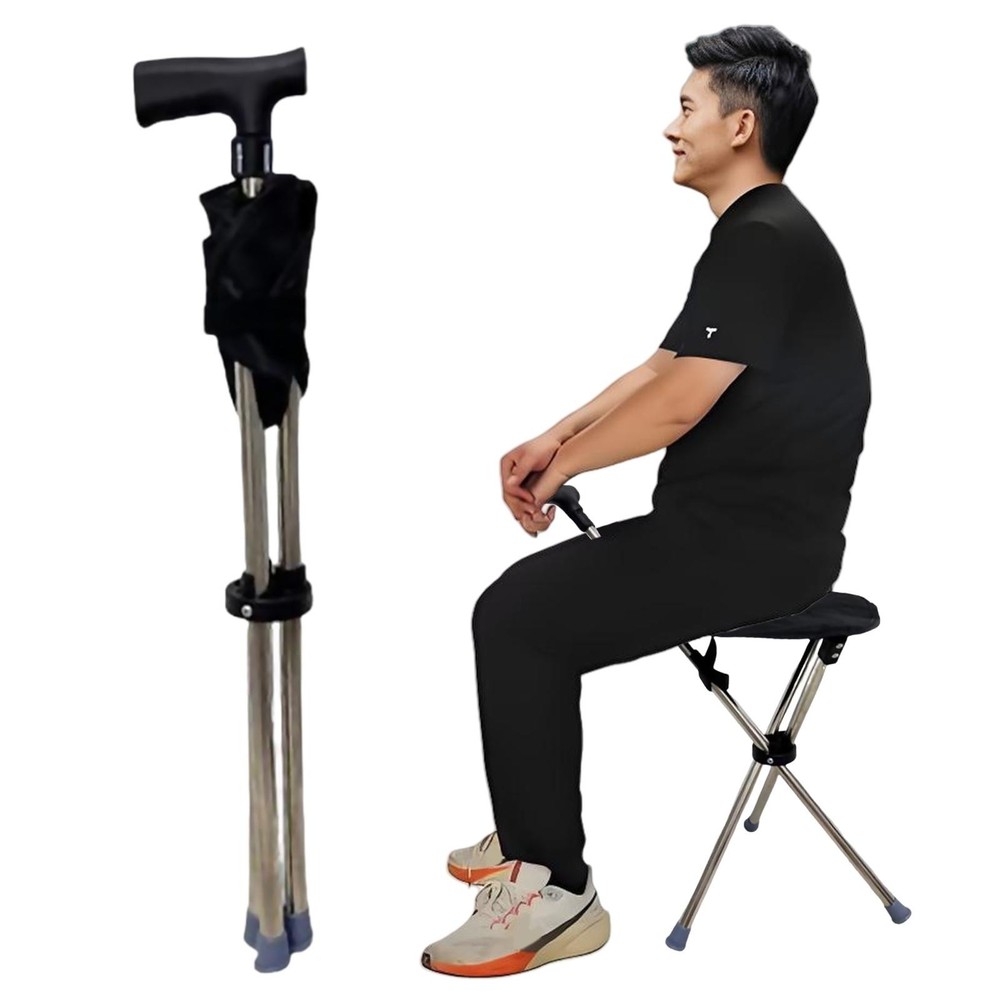 Foldable Walking Cane with Chair 2‑in‑1 Walking Stick for Elderly Unisex Black