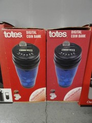 Lot of (4) Brand New Totes, Carabiner Compass Aluminum Bottle, Digital Coin Bank