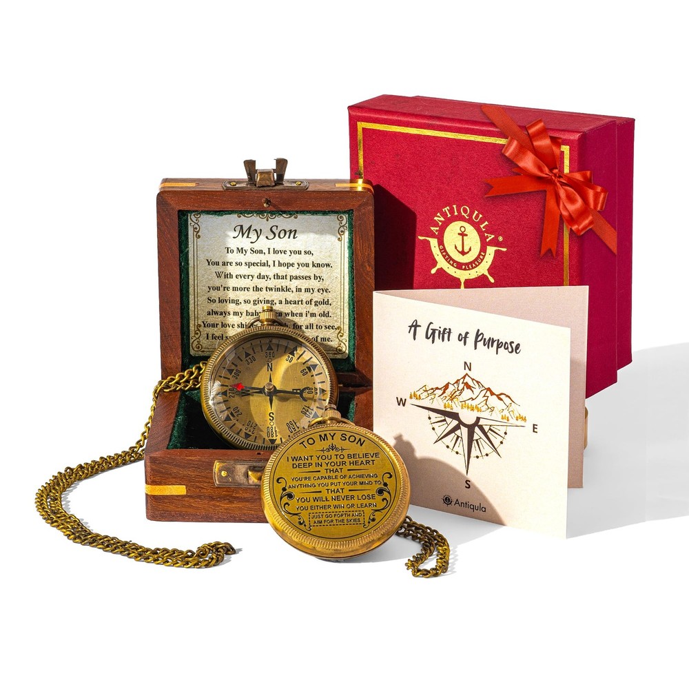 Antique Engraved Brass Compass with Wooden Box Inspirational Gift for Son